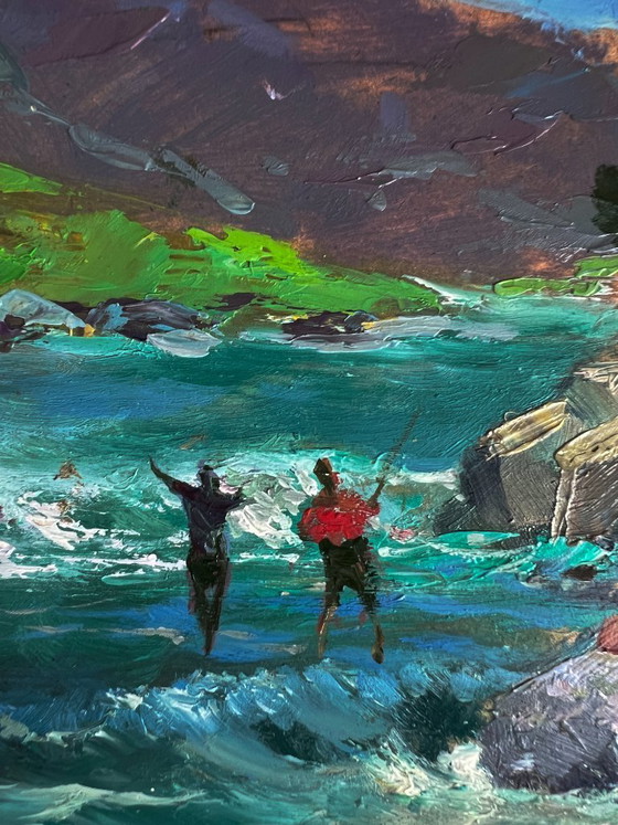 Image 1 of Dipinto ad olio originale. Pesca estiva in un fiume di montagna.