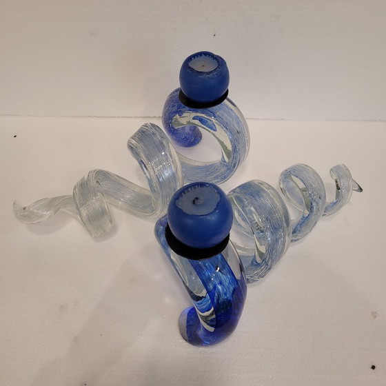 Image 1 of Pair of blue spiral candlesticks, glass, 80's - France