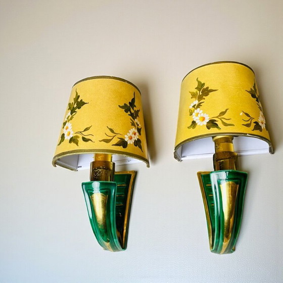 Image 1 of PAIR French Art Deco green ceramic wall sconces with hand-painted half shades, 1940s,