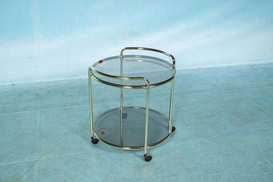 Image 1 of Vintage trolley brass & smoked glass Space age bar cart brass