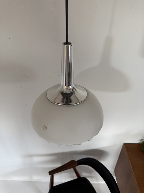 Image 1 of Vintage chrome & opal glass pendant lamp, Peill & Putzler ‘70