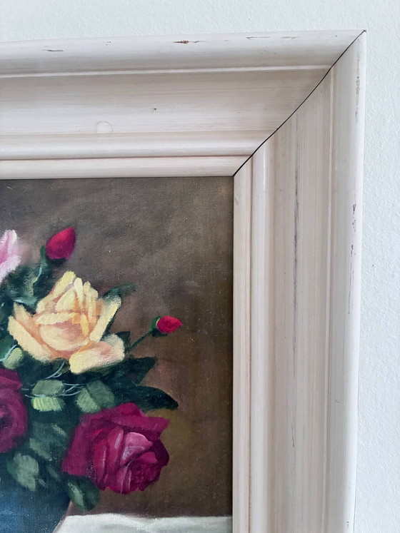 Image 1 of Peinture à l'huile originale vintage représentant des roses, signée.