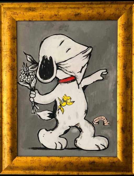 Miggie: "We all wanna be a Banksy, by Snoopy". Painting, unique and hand-signed, with COA. Includes frame.