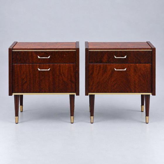 Set of 2 vintage design Nightstands with brass details, Wood, Brown (photo 7 of 8)