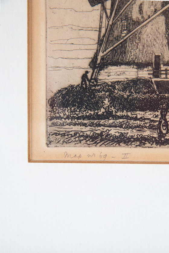 Image 1 of Jan Poortenaar – Dutch windmill landscape – etching – signed