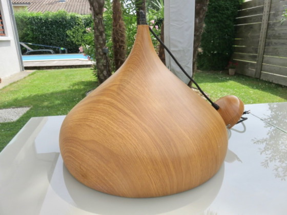 Image 1 of Lámpara colgante escandinava de metal con aspecto de madera, años 80.