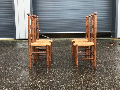Oak and wicker dining chairs Georges Robert France 1960s