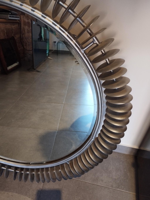 Large Brutalist Sun Type Mirror, Round, Handmade - Folk Art