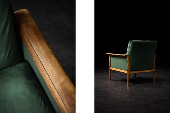 Image 1 of Divano e sedia vintage in palissandro norvegese e velluto verde bottiglia di Knut Sæter per Vatne Møbler, anni '60, set di 2