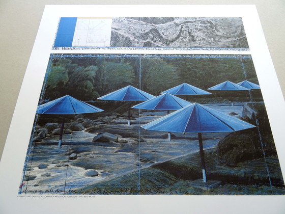 Image 1 of Christo -The Blue Umbrellas - Japan 1984 - Offset Lithografie - Droogstempel Domberger