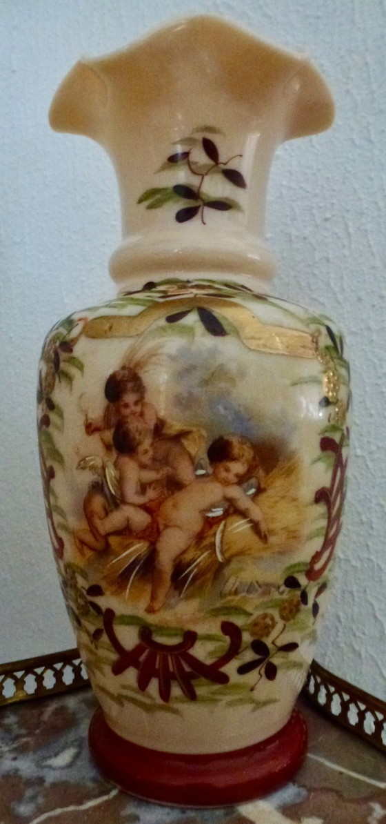 2x Antique Opaline Glass Vases – Neoclassical With Putti – 21 Cm. (photo 4 of 10)