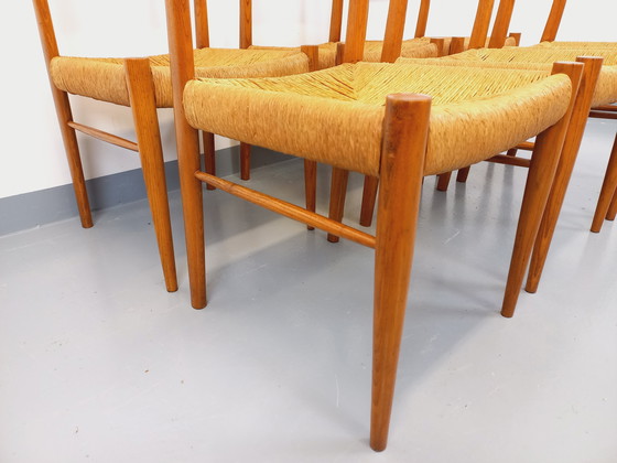 Image 1 of Suite de 6 chaises vintage italiennes en teck et corde danoise Gessef Consorzio Sedie Friuli