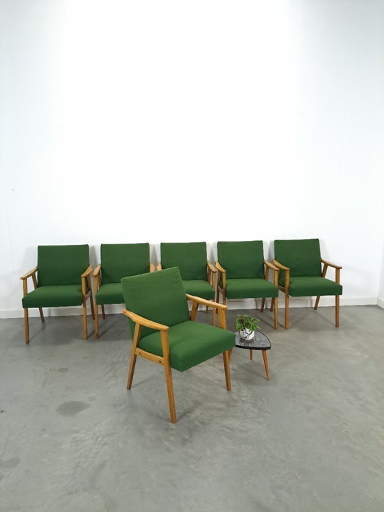 Image 1 of Set of 6 groene eetkamerstoelen met beukenhout