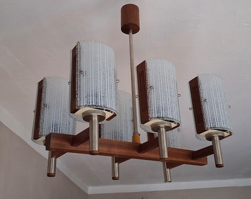 Brutalist Teak and art Glass Chandelier, Italy 1960s