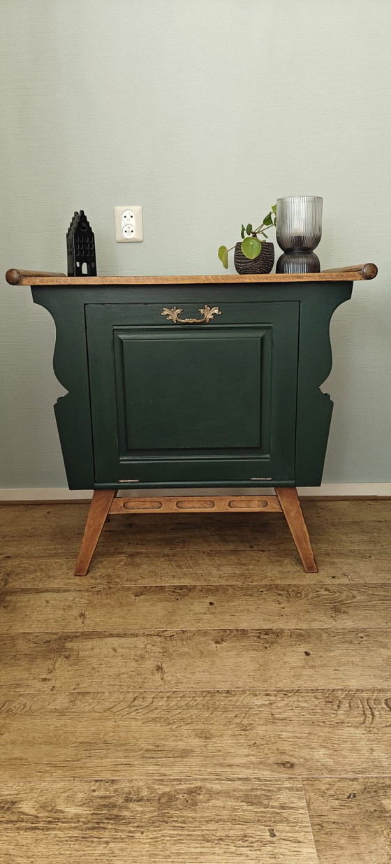 Image 1 of Unique vintage cabinet – dark green with wooden top