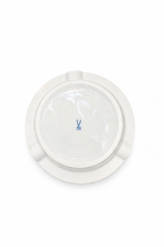 Image 1 of MEISSEN Porcelain Trinket Dish – Aquatinta Blue Floral Gold Trim – Antique 12cm Ashtray – Crossed Swords Germany