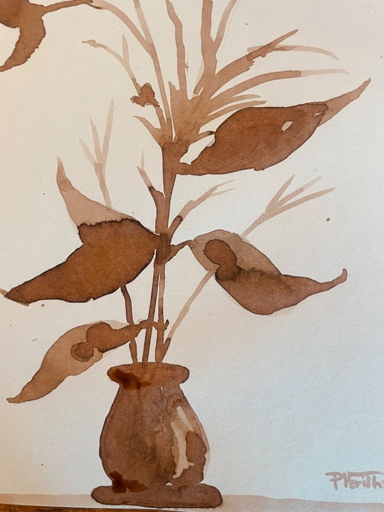 Image 1 of Painting, monochrome sepia still life "dried flowers", signed