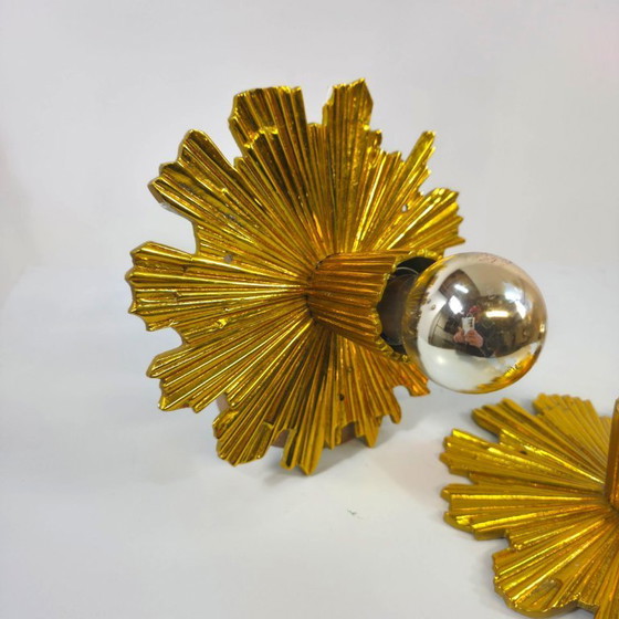 Image 1 of Set di due bellissime lampade solari placcate in oro degli anni '40/'50, lampade da parete di metà secolo