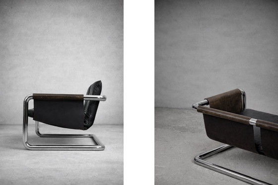 Image 1 of Vintage Brutalistische Buisvormige Metalen en Lederen Bauhaus Minimalistische Sofa 1950