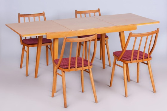 Set of Four Original Mid-Century Chairs, by Antonín Šuman, Beech, Czech, 1960s – Dining chairs, Textile, Wood (photo 5 of 10)