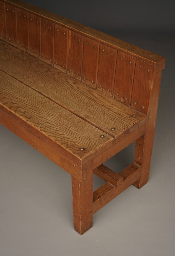 Image 1 of Traditionalistische Hollandse eikenhouten bank in de stijl van de Delftse School, jaren twintig