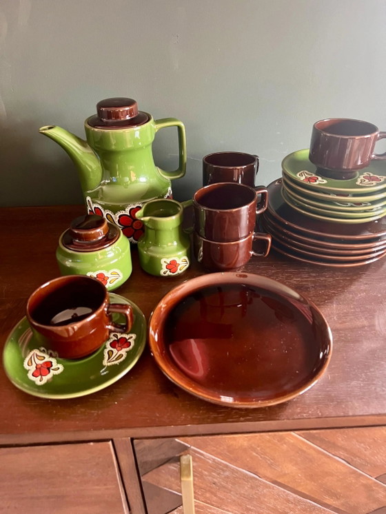 Retro Koffieservies uit de jaren 70 voor 6 personen, Space Age Vintage Servies in groen en bruin, – Ceramic (photo 3 of 10)