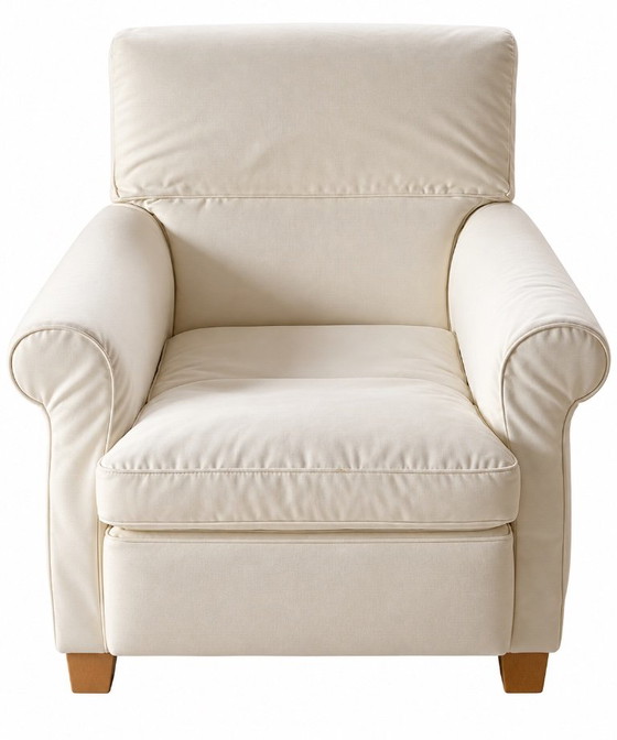Minotti Armchair with matching Ottoman, Italian Design, Cream-colored Fabric, Textile, Wood, Creme, Modern (photo 2 of 6)