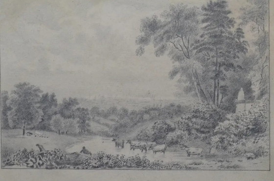 19. Jahrhundert Europäische Schule Pastorale Landschaft mit Rindern, Graphitzeichnung – Gemälde & Zeichnungen (photo 3 of 10)