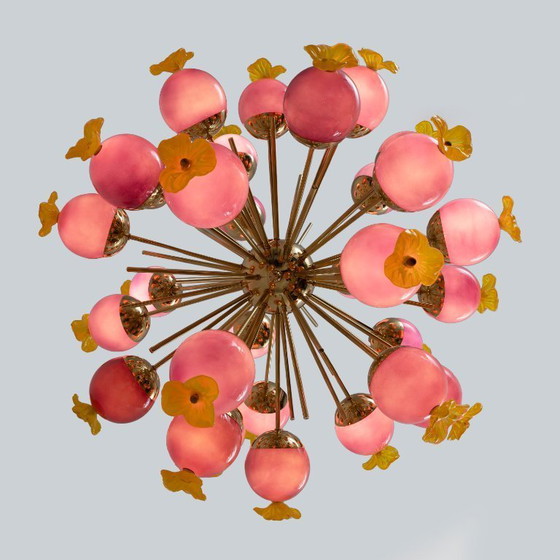 Image 1 of Italian Murano Glass and Brass Sputnik Chandelier, Yellow and Purple Spheres