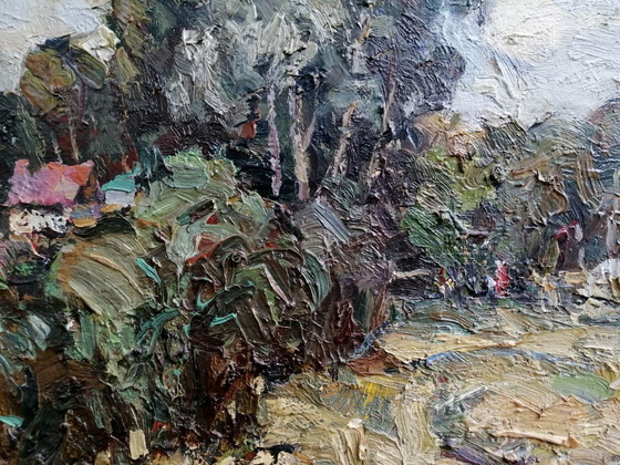 Origineel olieverfschilderij: Natuurlandschap, Dorp, Platteland Koude Dag – Schilderijen & Tekeningen, Canvas (photo 9 of 11)