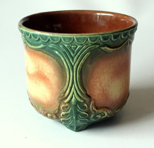 Rare small ceramic flower pot, green/beige - marked - vintage