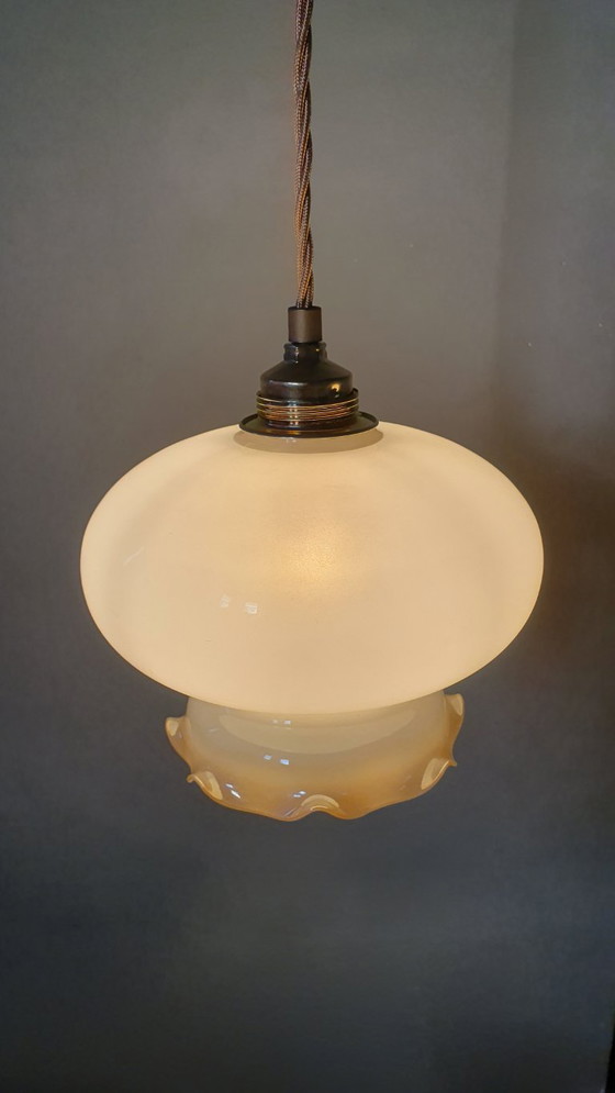 Vintage Glazen Hanglamp - Decoratie Rand - Parelmoer Effect. – Hanglampen, Metal (photo 6 of 13)