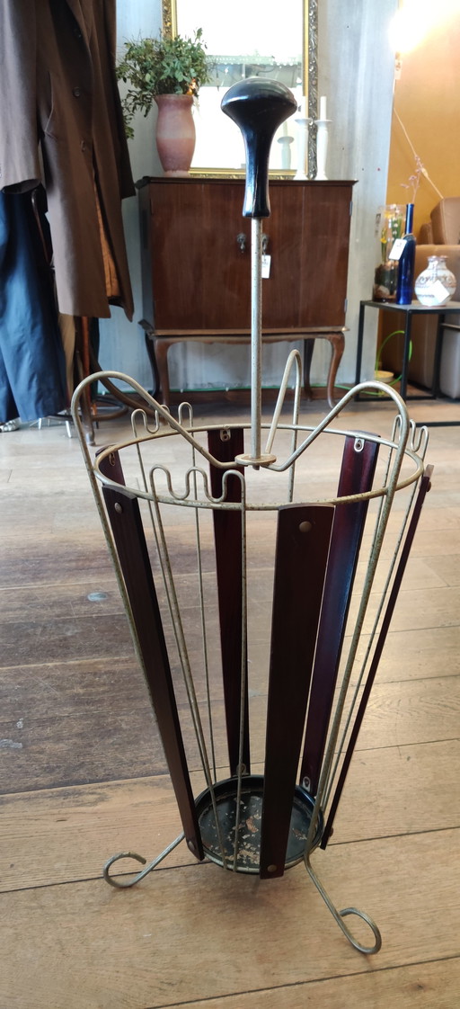 Vintage Umbrella Stand | Metal & Teak | Mid - Century Style