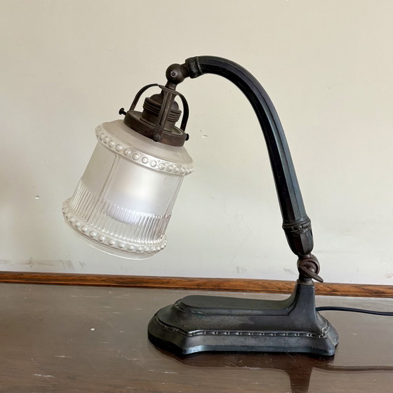 Image 1 of Art Deco desk lamp, table lamp with frosted glass, carved shade.