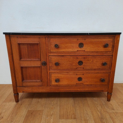 Vintage Frans dressoir commode, ladekast, badkamermeubel met marmer blad