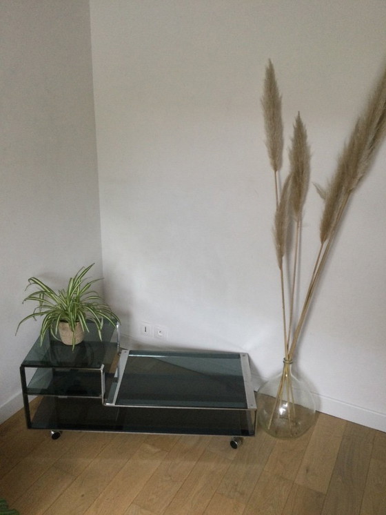 Image 1 of Salontafel / Laag kastje, Italiaans design in gerookt glas en staal