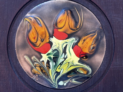 Vintage enamel on copper with stylized tulip decoration – Framed modernist painting – 1960s-70s (photo 2 of 10)