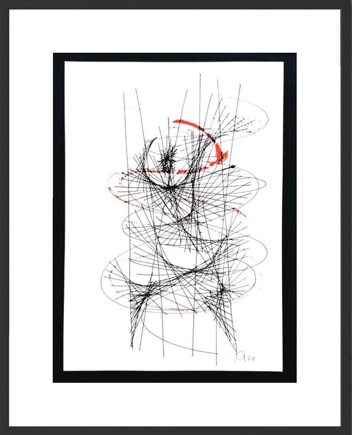 Yvon Adam - Peinture abstraite de 1958 - encadrée 