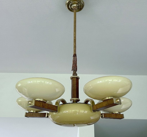 Very Large Art Deco Glass Wood Pendant Light
