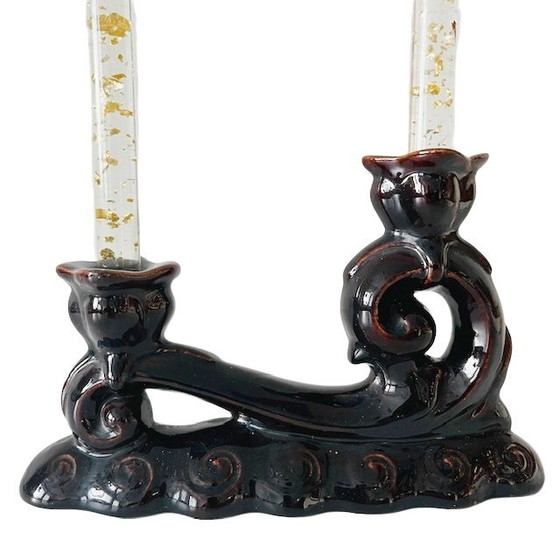 Image 1 of Vintage kandelaar keramiek chocolade bruin 1950's