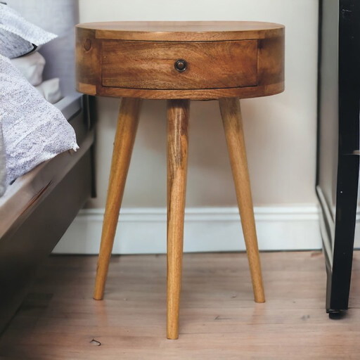 Mini Oak-Look Round Nightstand – Solid Mango Wood With Drawer