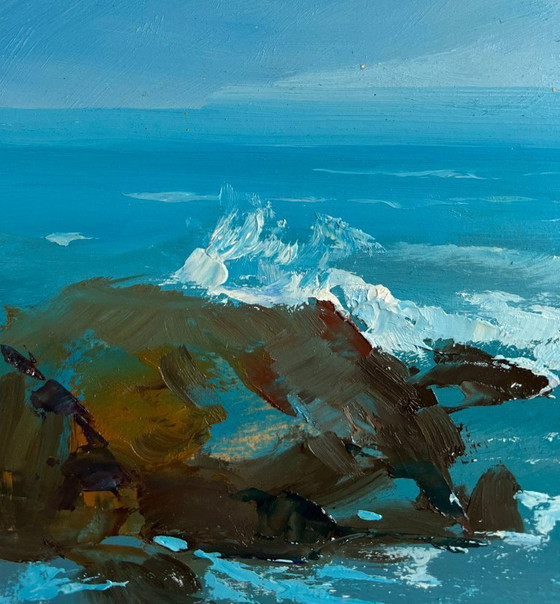 Image 1 of Origineel olieverfschilderij: een rotslandschap aan zee op een zonnige dag.