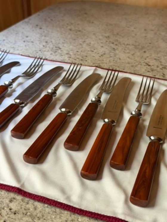 Vintage Carl Voos Solingen German Flatware Set - 12 Piece MCM Knife And Fork Set - Rostfrei Stainless Steel (photo 11 of 32)
