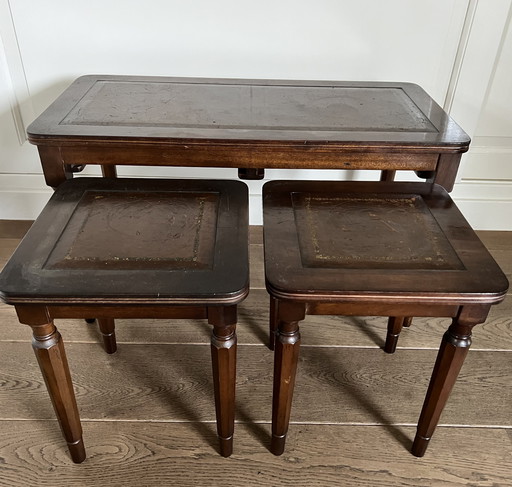 Classic nest of three side tables with leather top