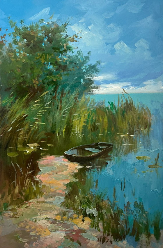 Image 1 of Dipinto ad olio originale, Paesaggio costiero estivo, giornata calda e soleggiata in riva al fiume.