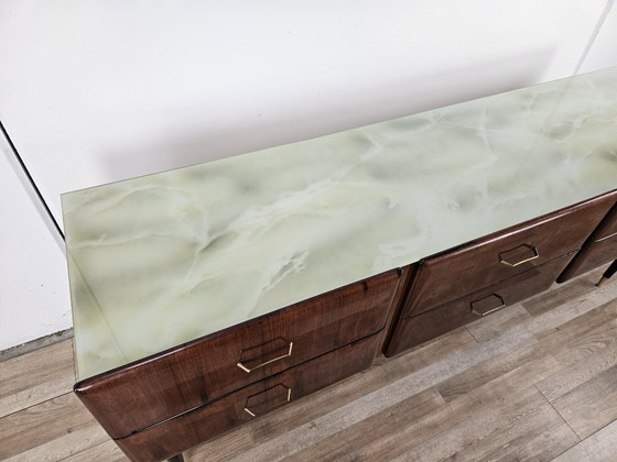 Image 1 of Vintage six-drawer mahogany burl dresser with glass top, 1960