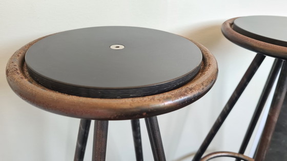 Image 1 of Set (2x) industrial vintage metal bar stools metal & wood