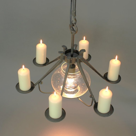 Image 1 of Manfred Bergmeister (1927-2019) - Brutalist handmade wrought bronze pendant lamp / six light candelabra