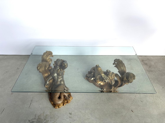 Vintage Gilt Wood Mermaid Coffee Table, 1960s - Italy, Glass, Brown (photo 11 of 13)