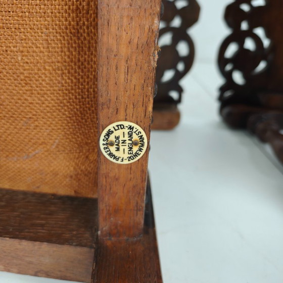 Pair of English Antique Jacobean Monk Armchairs / Tables by F. Parker & Sons Ltd – Wood, Leather (photo 8 of 16)